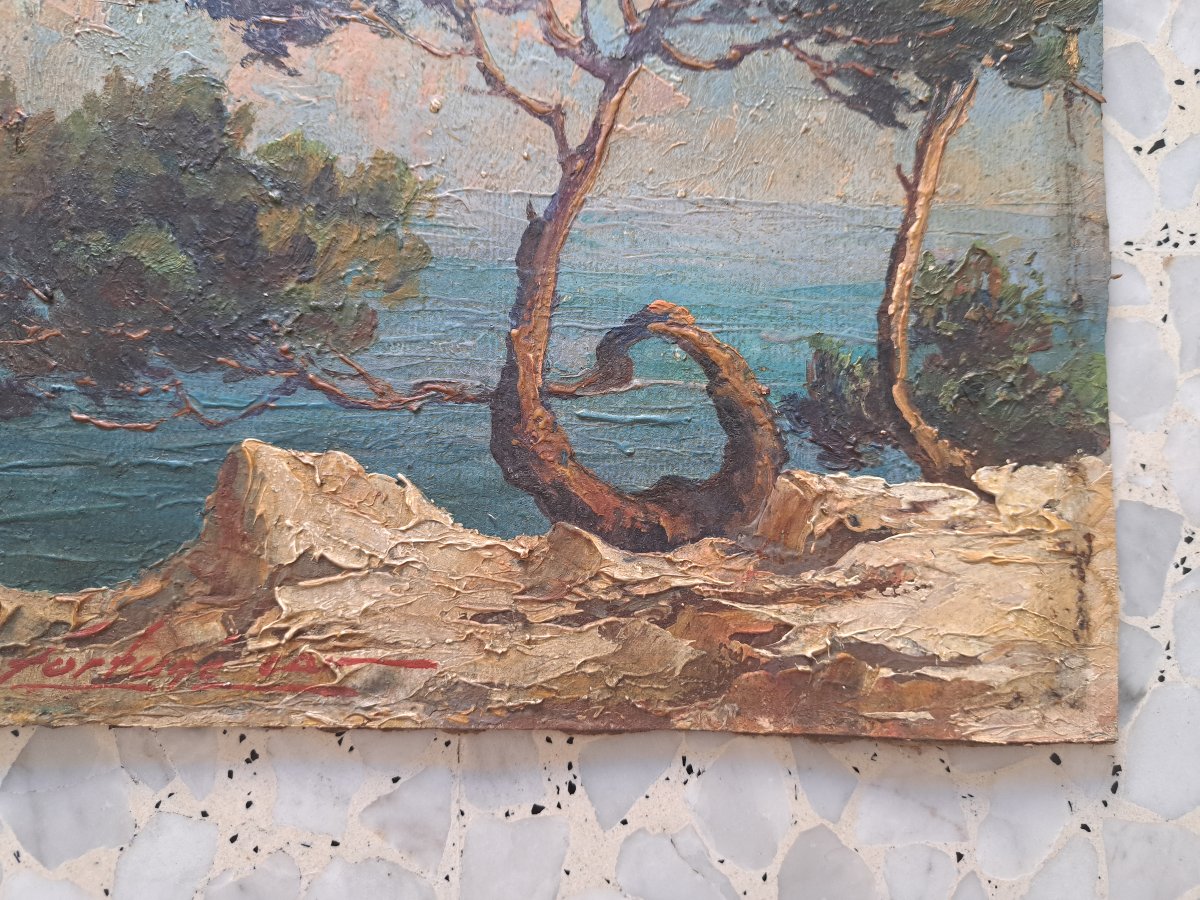 Fortuné Car, Seaside In Provence, Oil On Cardboard, 20th Century. -photo-1