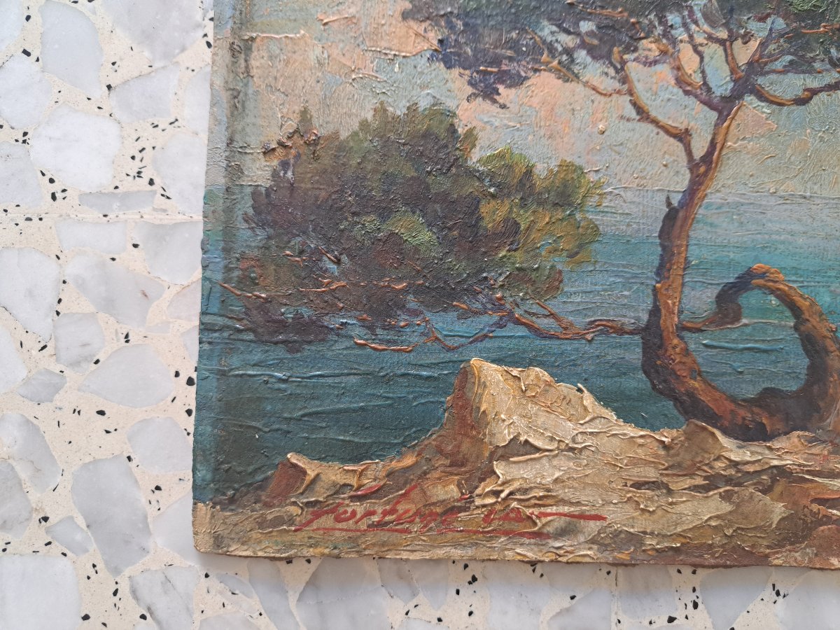 Fortuné Car, Seaside In Provence, Oil On Cardboard, 20th Century. -photo-3