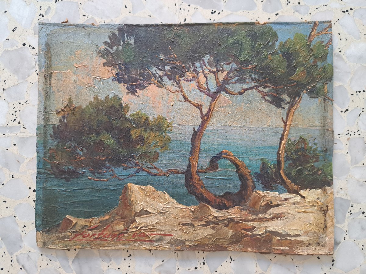 Fortuné Car, Seaside In Provence, Oil On Cardboard, 20th Century. 