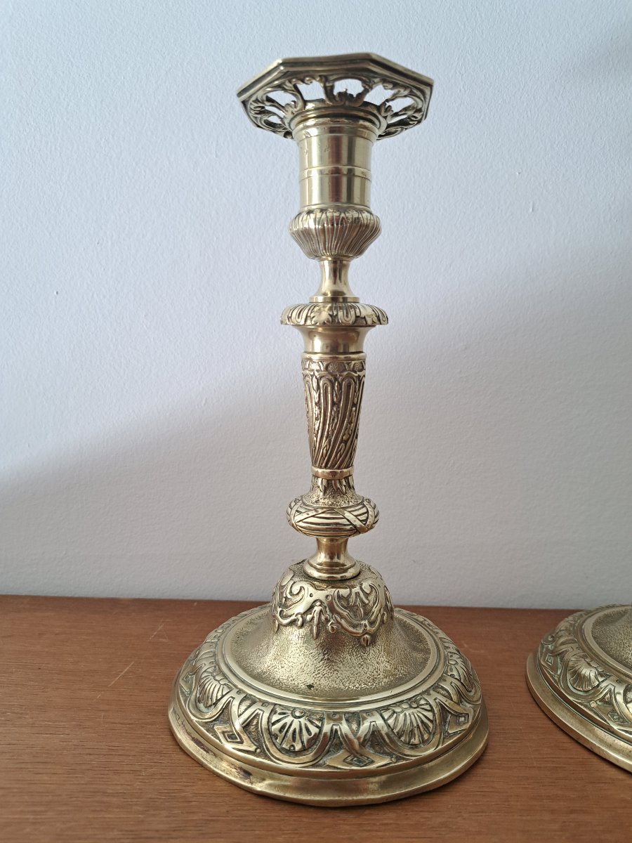 Paire de bougeoirs , Bronze doré , Louis XIV , Fin XVII°/Début XVIII°. -photo-3