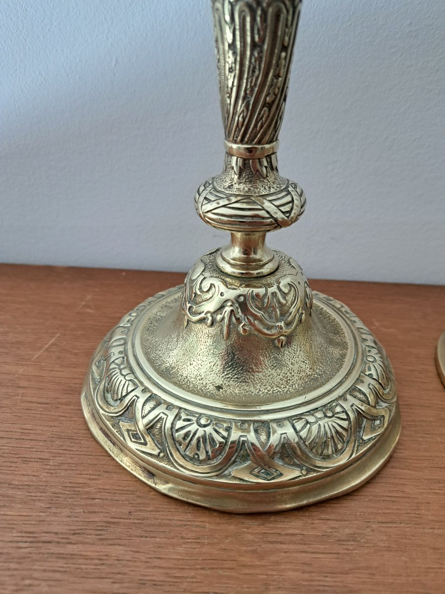Paire de bougeoirs , Bronze doré , Louis XIV , Fin XVII°/Début XVIII°. -photo-1