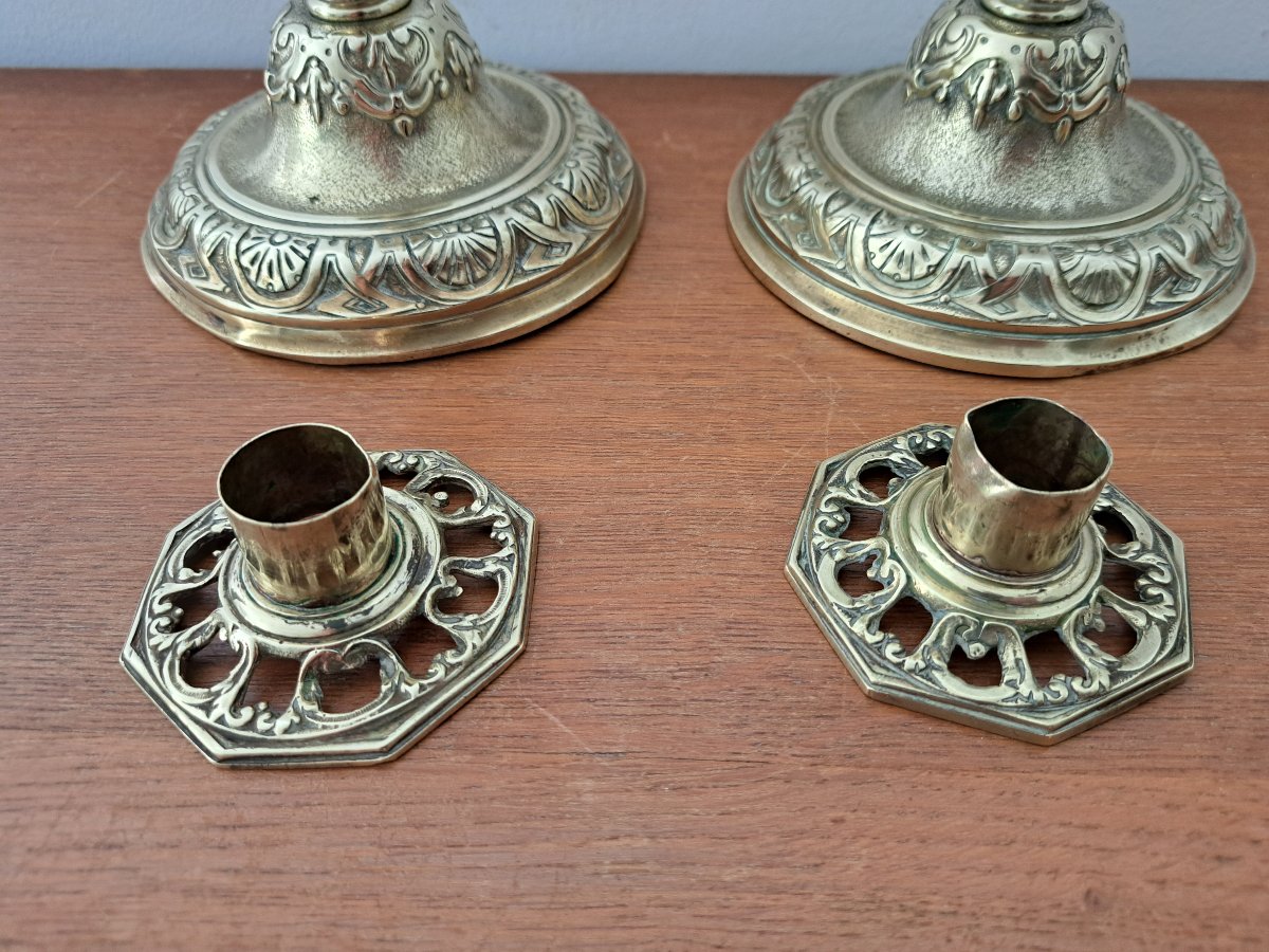 Paire de bougeoirs , Bronze doré , Louis XIV , Fin XVII°/Début XVIII°. -photo-3