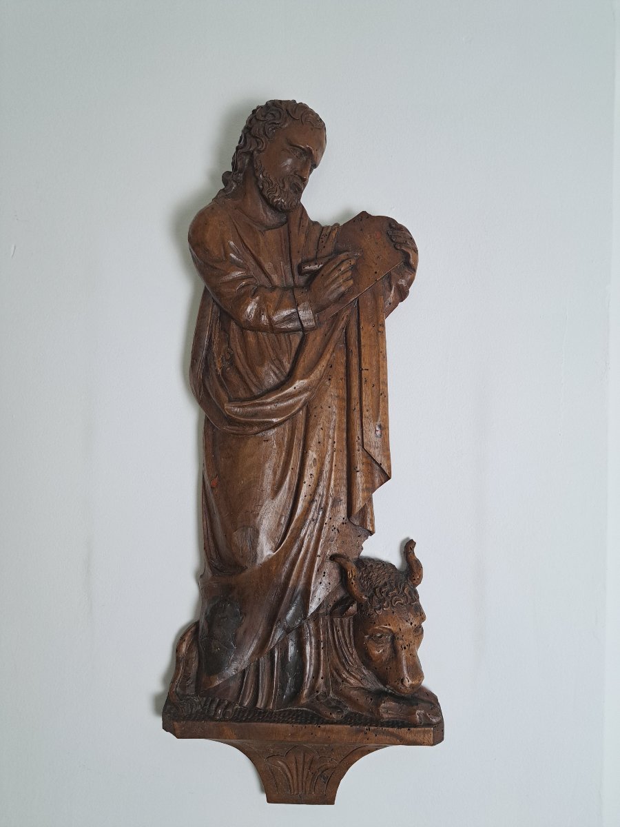 Saint Luc , Evangéliste , Sculpture d'applique en noyer , Fin XVII°/Début XVIII°.