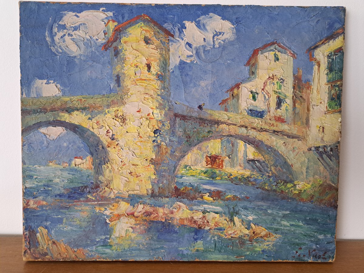 François Nicot, The Old Bridge At Sospel, Oil On Canvas, 20th Century. -photo-2