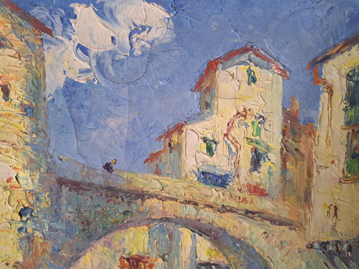 François Nicot, The Old Bridge At Sospel, Oil On Canvas, 20th Century. -photo-4