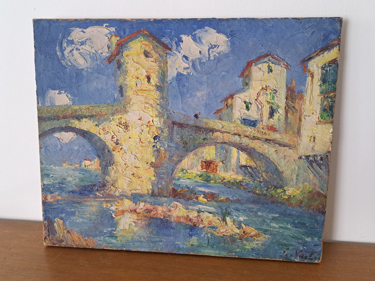 François Nicot, The Old Bridge At Sospel, Oil On Canvas, 20th Century. -photo-2