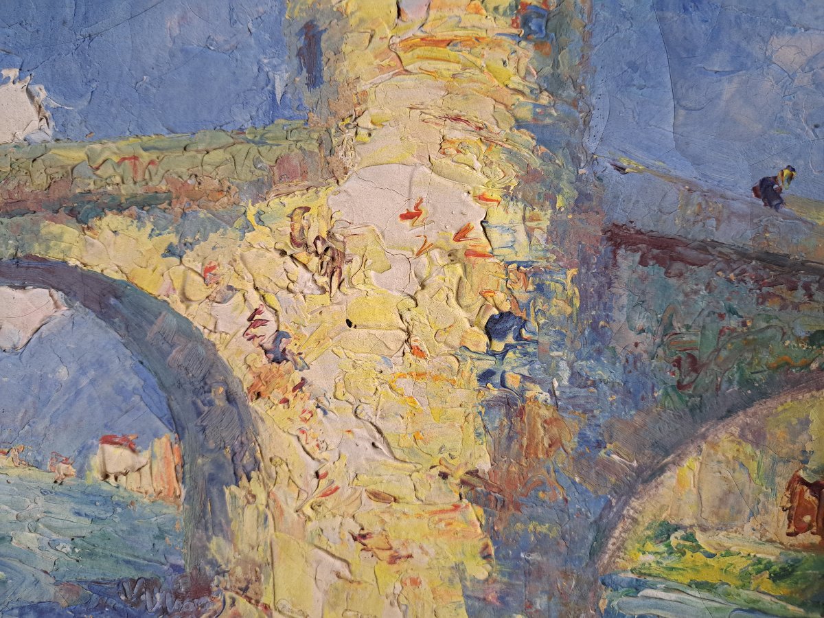 François Nicot, The Old Bridge At Sospel, Oil On Canvas, 20th Century. -photo-3