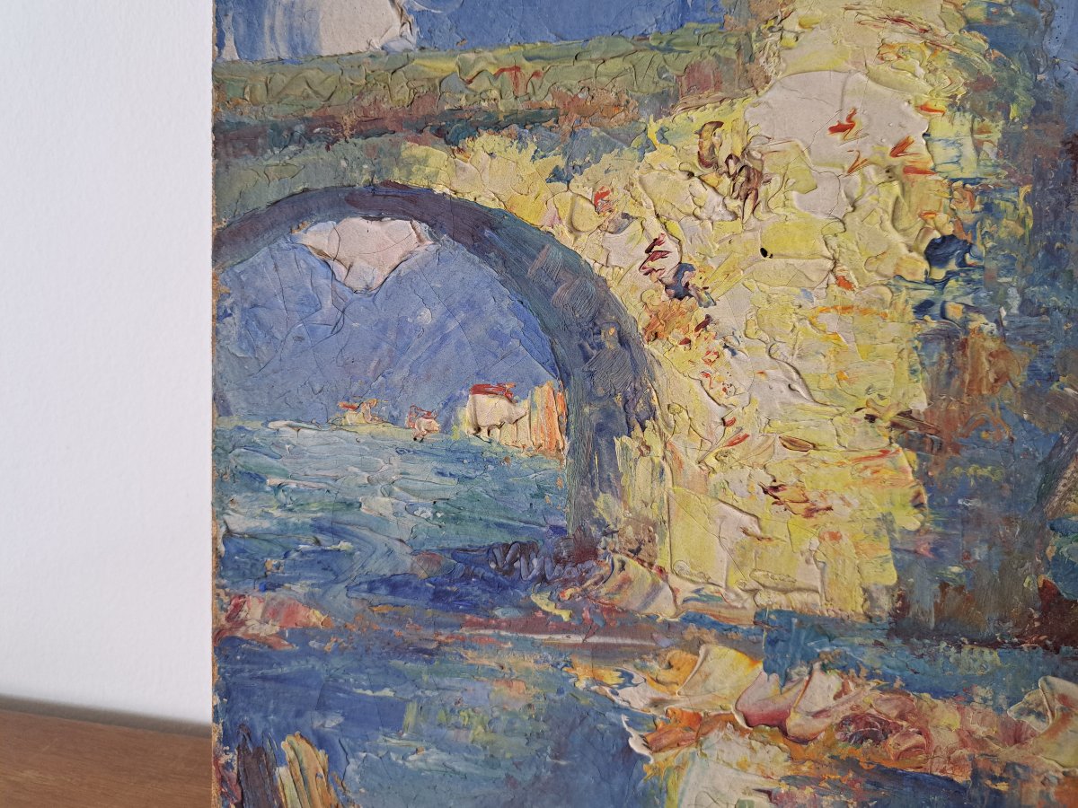 François Nicot, The Old Bridge At Sospel, Oil On Canvas, 20th Century. -photo-4