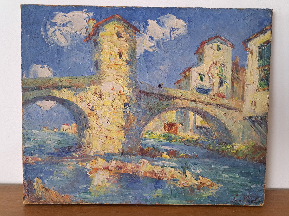 François Nicot, The Old Bridge At Sospel, Oil On Canvas, 20th Century. 