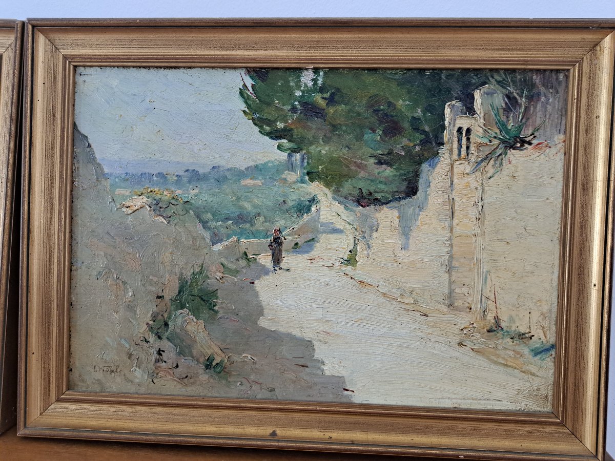 Laurent Vidal , Environs d'Avignon , Paire d'Huiles sur toile , Fin XIX°/Début XX°. -photo-2