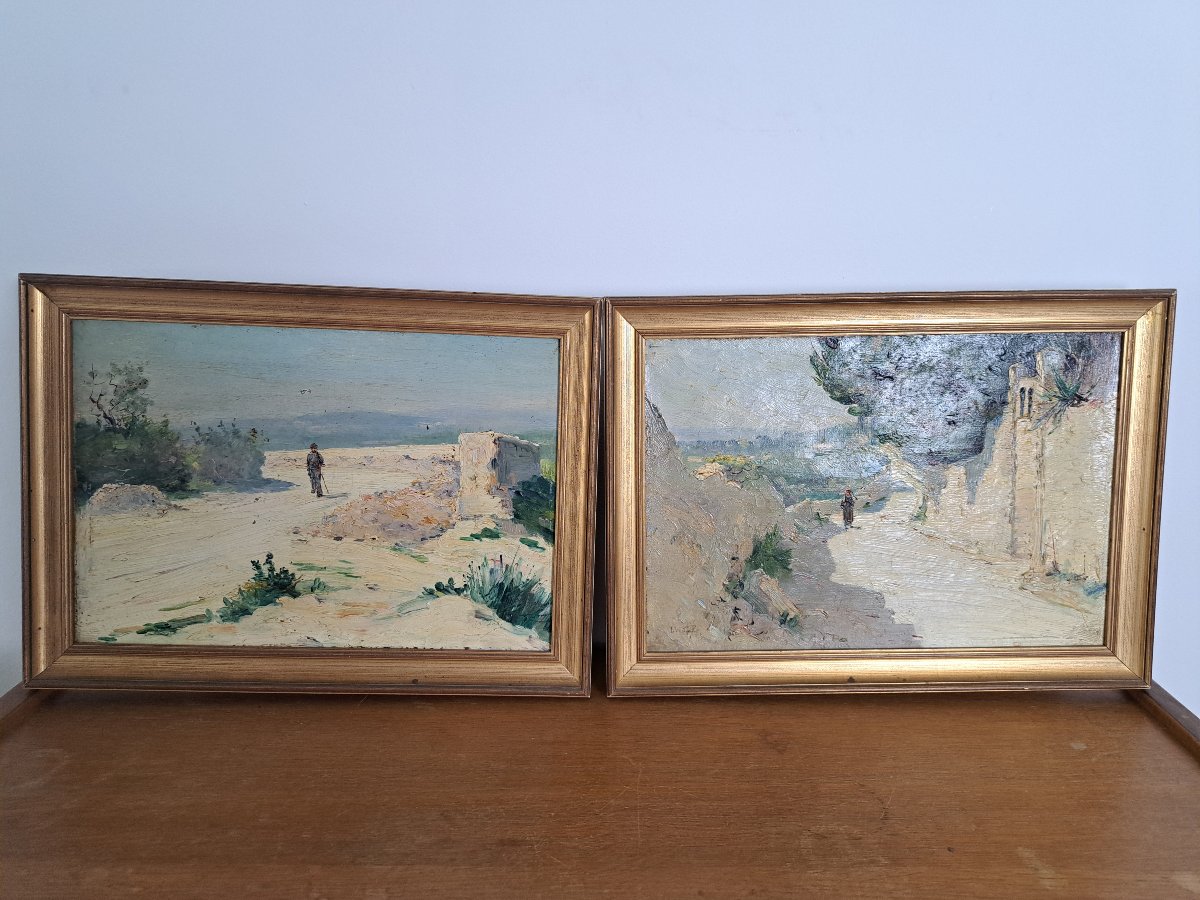 Laurent Vidal , Environs d'Avignon , Paire d'Huiles sur toile , Fin XIX°/Début XX°. 