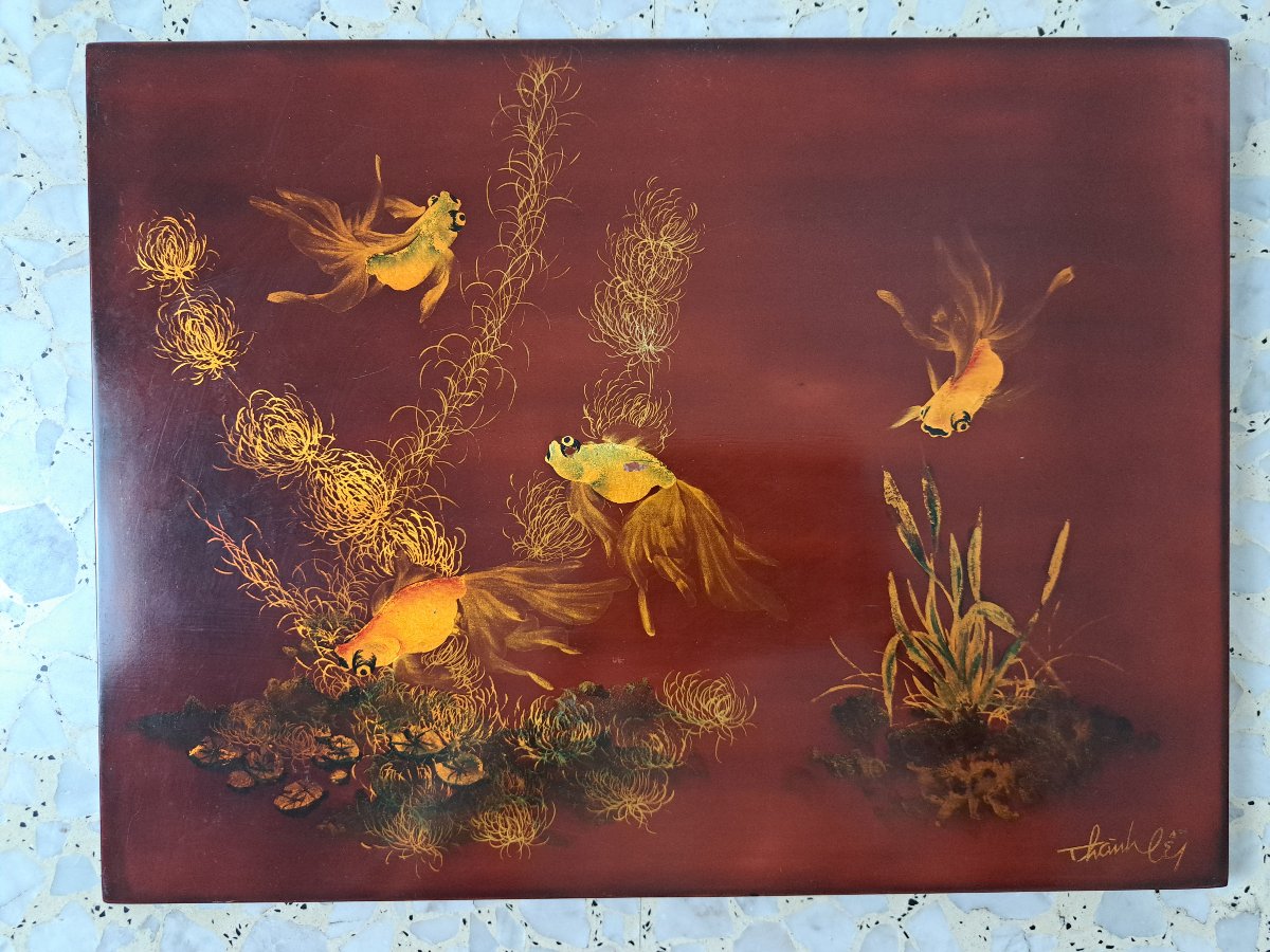 Thanh Ley , Ecole de Hanoï , Paysage aquatique , Panneau de laque , XX°. -photo-2