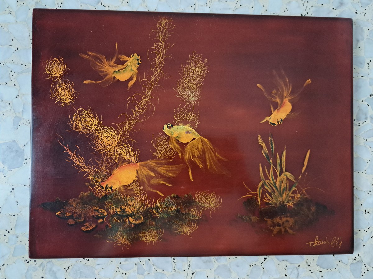Thanh Ley , Ecole de Hanoï , Paysage aquatique , Panneau de laque , XX°. -photo-4