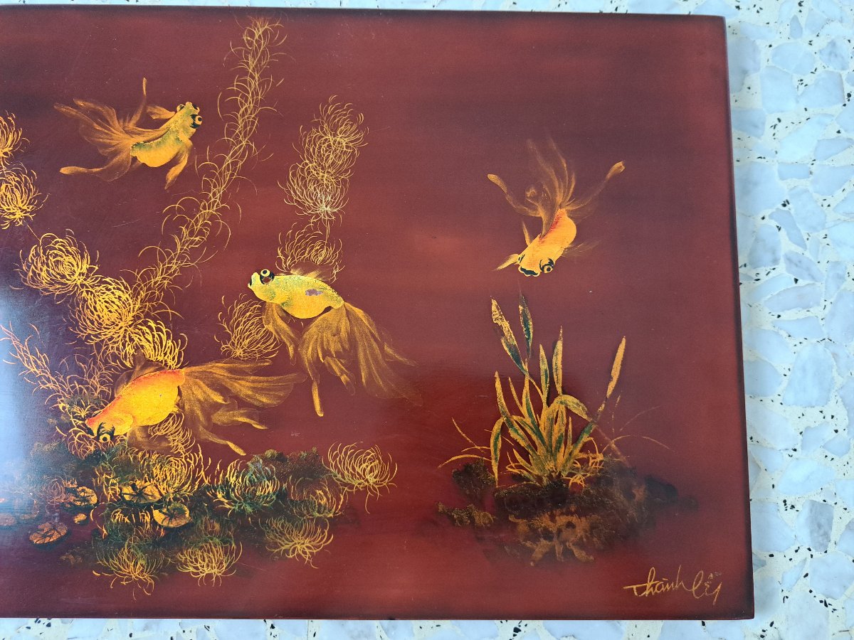 Thanh Ley , Ecole de Hanoï , Paysage aquatique , Panneau de laque , XX°. -photo-4
