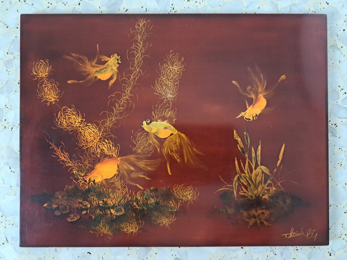 Thanh Ley , Ecole de Hanoï , Paysage aquatique , Panneau de laque , XX°. 
