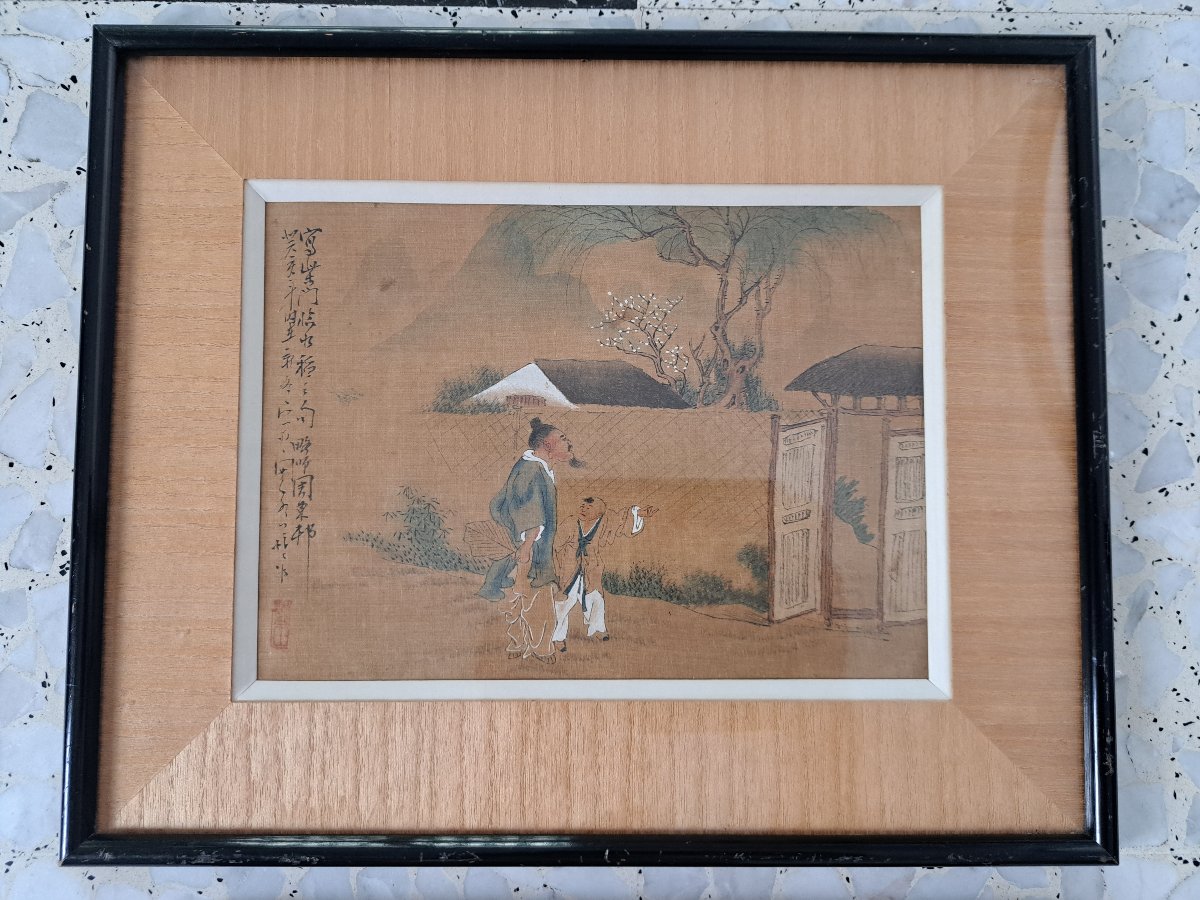 A Scholar And His Student; Watercolor On Silk, China, 19th–20th Centuries. -photo-2