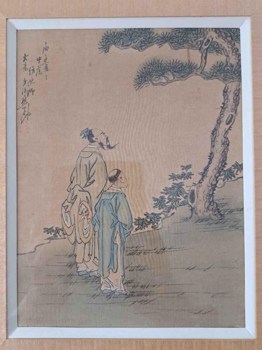 A Scholar And His Student; Watercolor On Silk, China, 19th–20th Centuries. -photo-5
