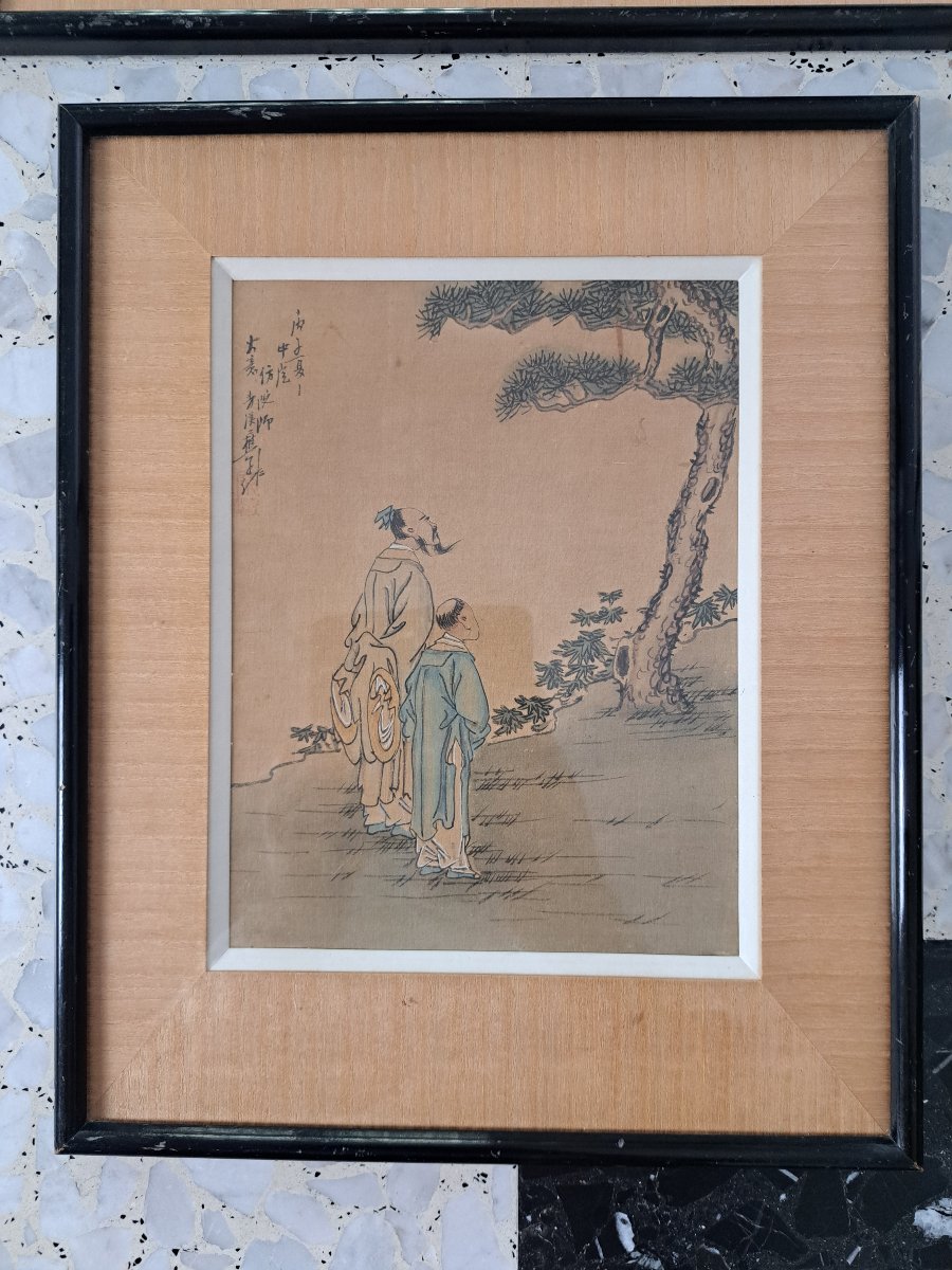 A Scholar And His Student; Watercolor On Silk, China, 19th–20th Centuries. -photo-6