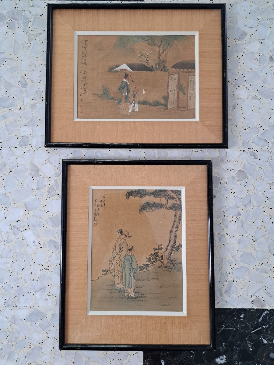 A Scholar And His Student; Watercolor On Silk, China, 19th–20th Centuries. -photo-7