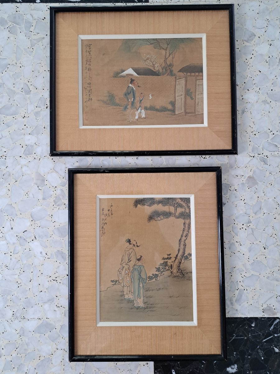 A Scholar And His Student; Watercolor On Silk, China, 19th–20th Centuries. 