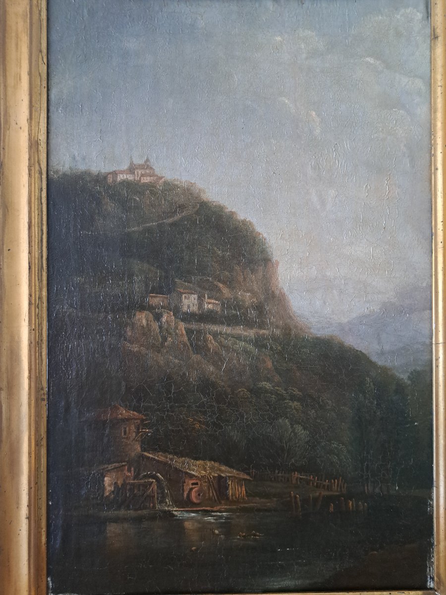 Monastery And Its Mill, Oil On Canvas Mounted On Wood, 19th Century. -photo-2