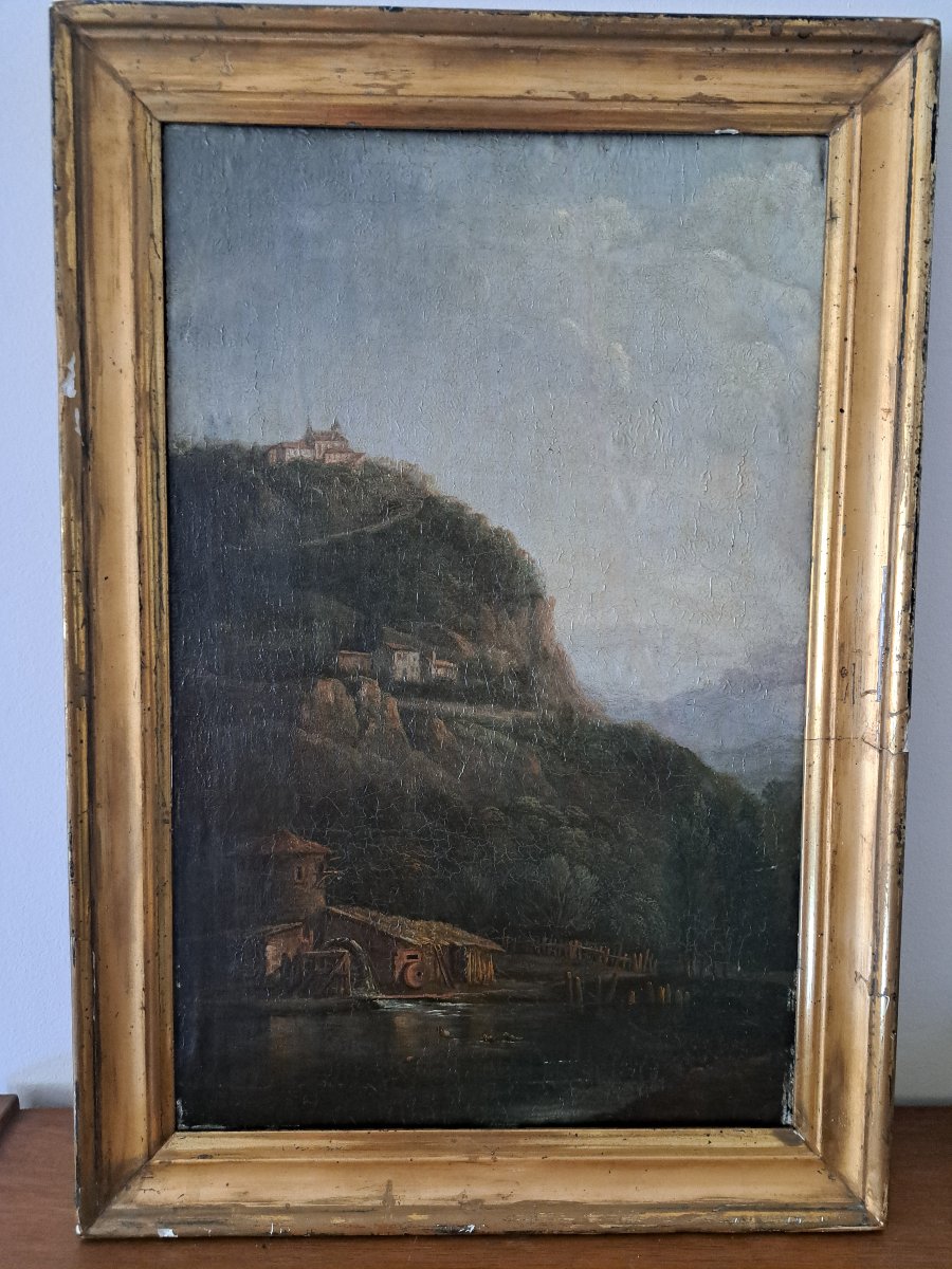 Monastery And Its Mill, Oil On Canvas Mounted On Wood, 19th Century. -photo-4