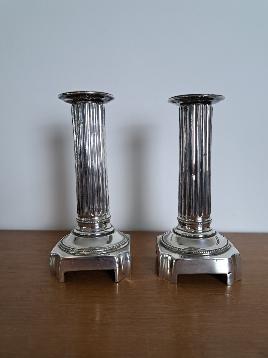 Pair Of Candlesticks, Louis XVI Style, Silver-plated Metal, Late 18th Century. -photo-2