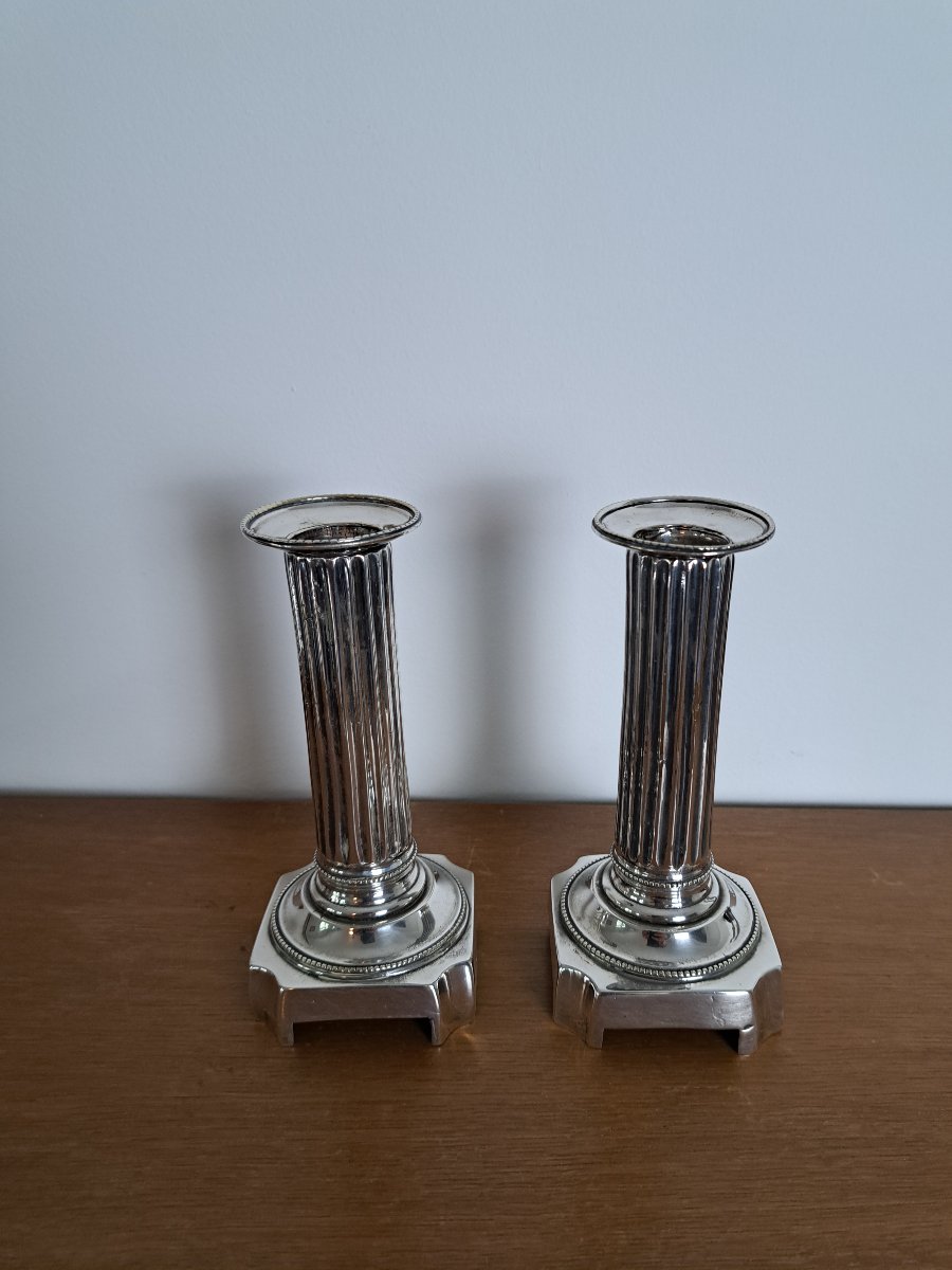 Pair Of Candlesticks, Louis XVI Style, Silver-plated Metal, Late 18th Century. -photo-3