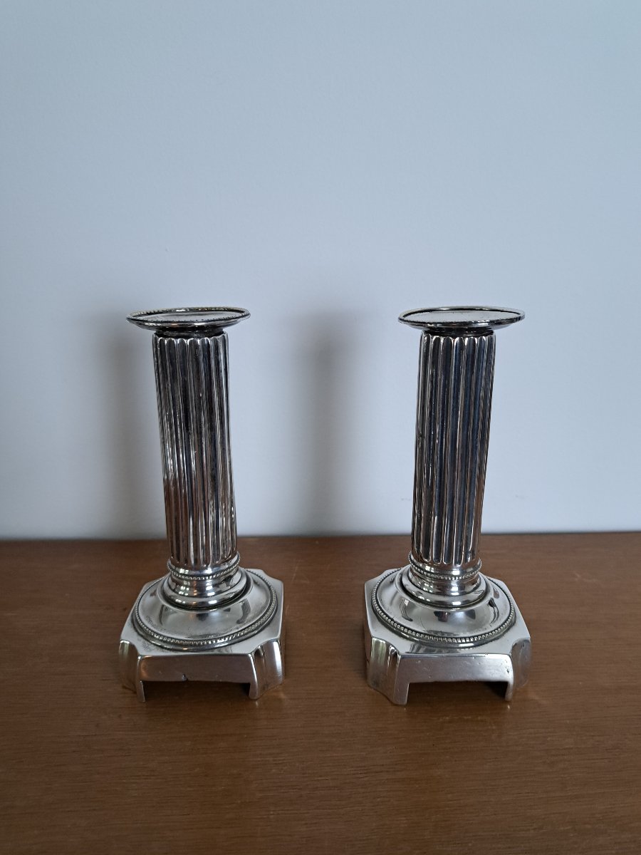 Pair Of Candlesticks, Louis XVI Style, Silver-plated Metal, Late 18th Century. -photo-4