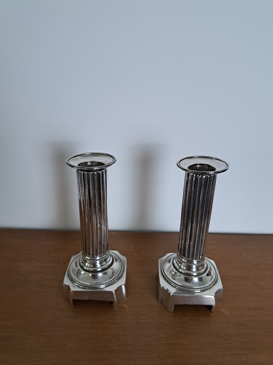 Pair Of Candlesticks, Louis XVI Style, Silver-plated Metal, Late 18th Century. -photo-1