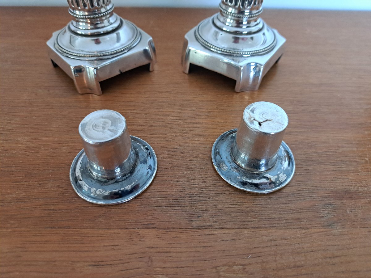Pair Of Candlesticks, Louis XVI Style, Silver-plated Metal, Late 18th Century. -photo-2