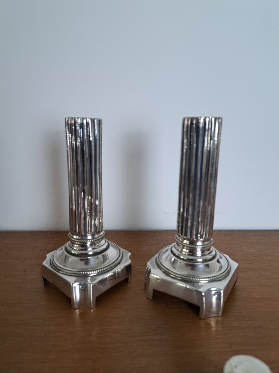 Pair Of Candlesticks, Louis XVI Style, Silver-plated Metal, Late 18th Century. -photo-6