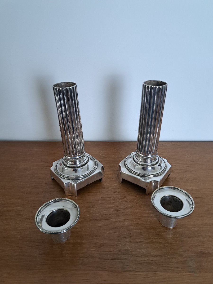 Pair Of Candlesticks, Louis XVI Style, Silver-plated Metal, Late 18th Century. -photo-7