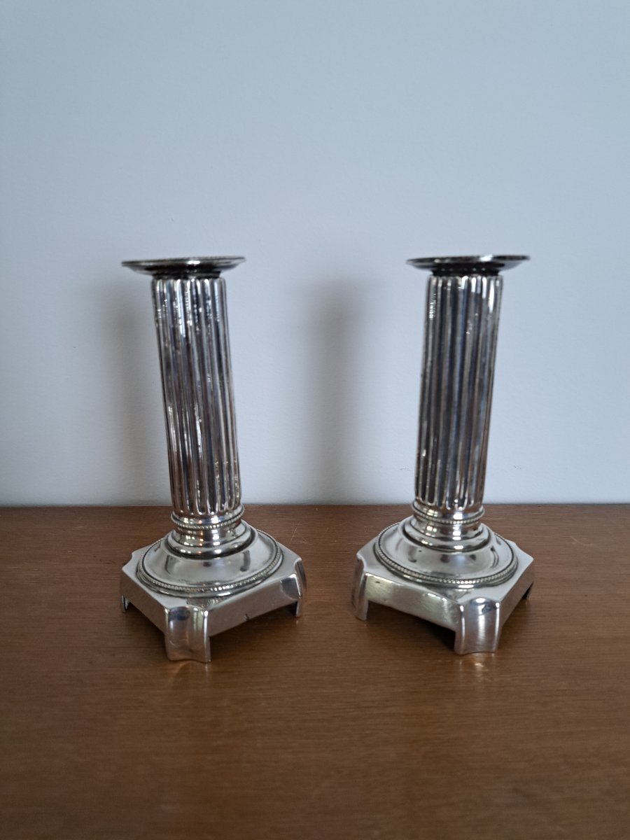 Pair Of Candlesticks, Louis XVI Style, Silver-plated Metal, Late 18th Century. -photo-8