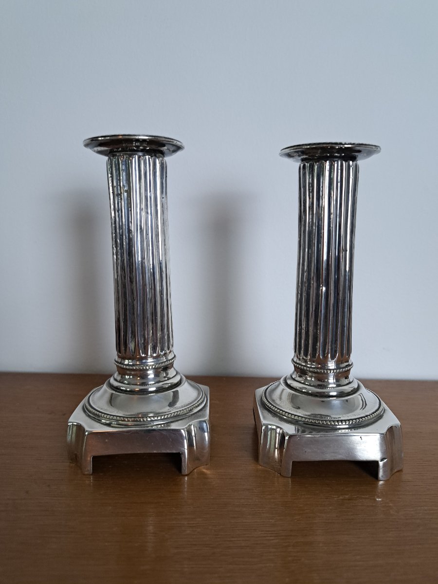 Pair Of Candlesticks, Louis XVI Style, Silver-plated Metal, Late 18th Century. 
