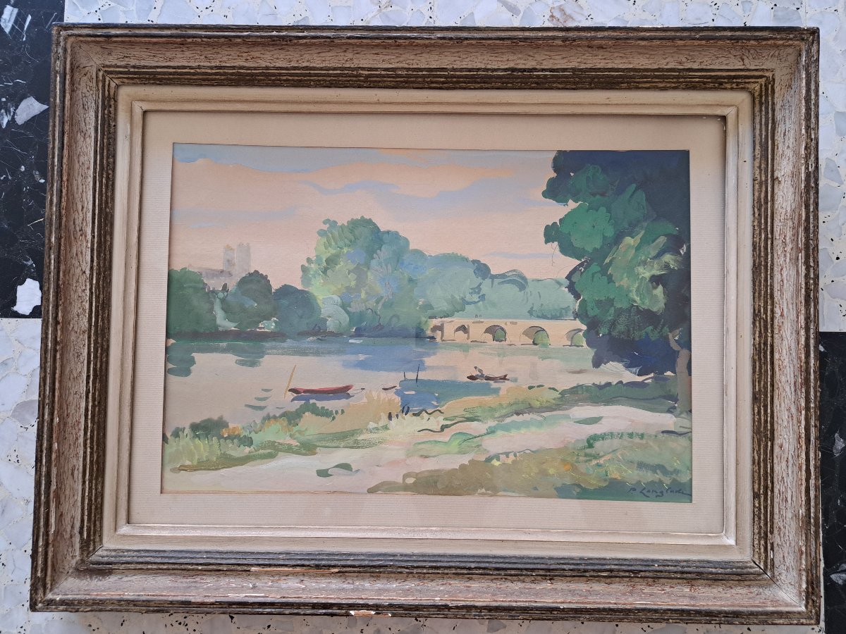 Pierre Langlade , Paysage à la rivière , Gouache sur papier , Début XX°. -photo-2