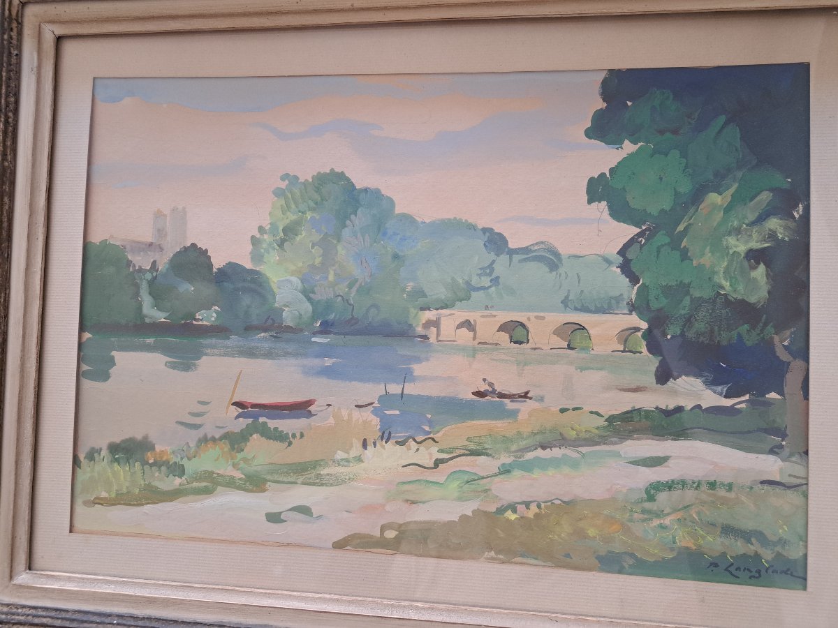 Pierre Langlade , Paysage à la rivière , Gouache sur papier , Début XX°. -photo-3