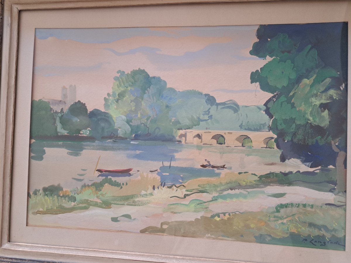 Pierre Langlade , Paysage à la rivière , Gouache sur papier , Début XX°. -photo-4