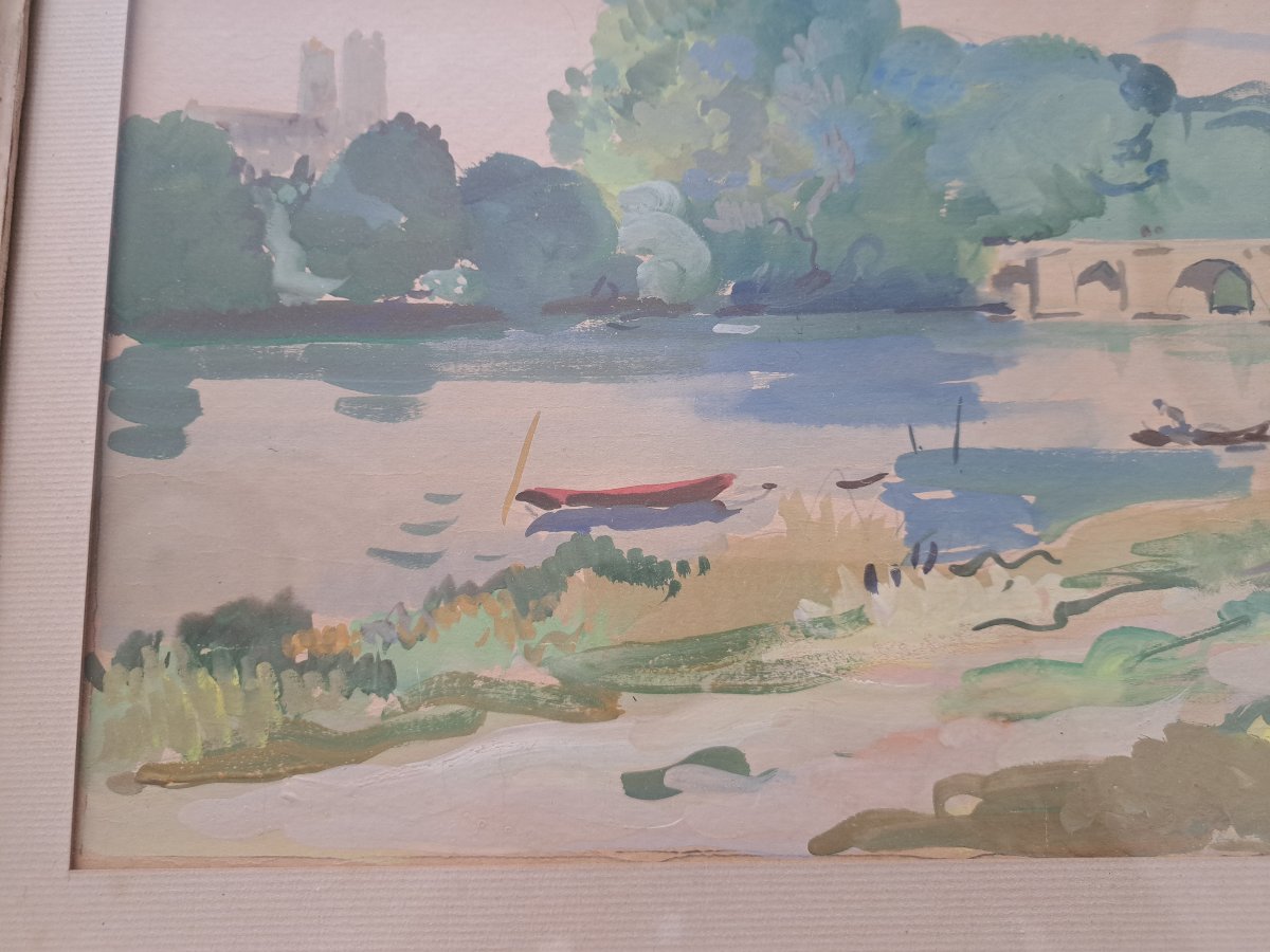 Pierre Langlade , Paysage à la rivière , Gouache sur papier , Début XX°. -photo-2