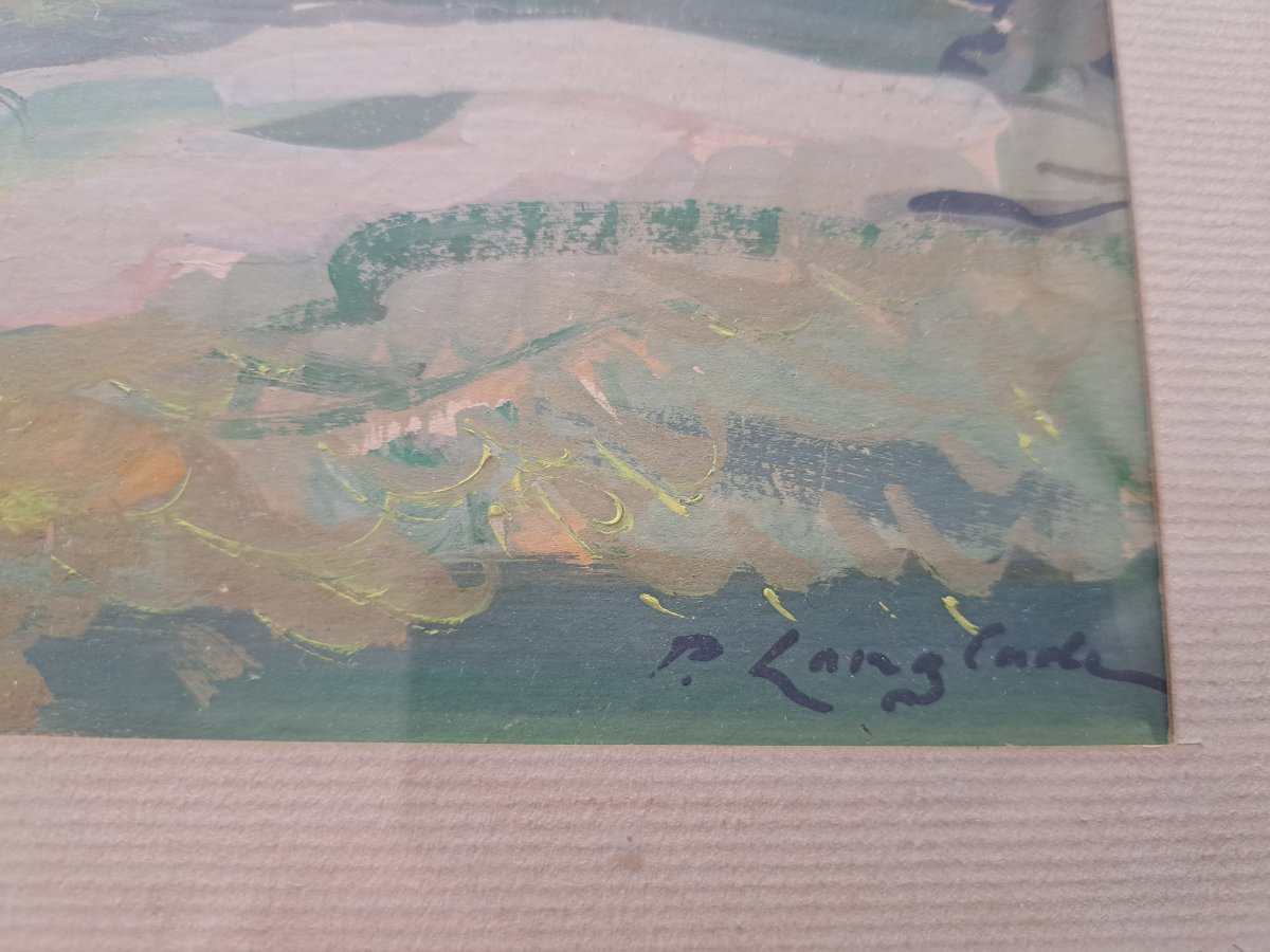 Pierre Langlade , Paysage à la rivière , Gouache sur papier , Début XX°. -photo-4