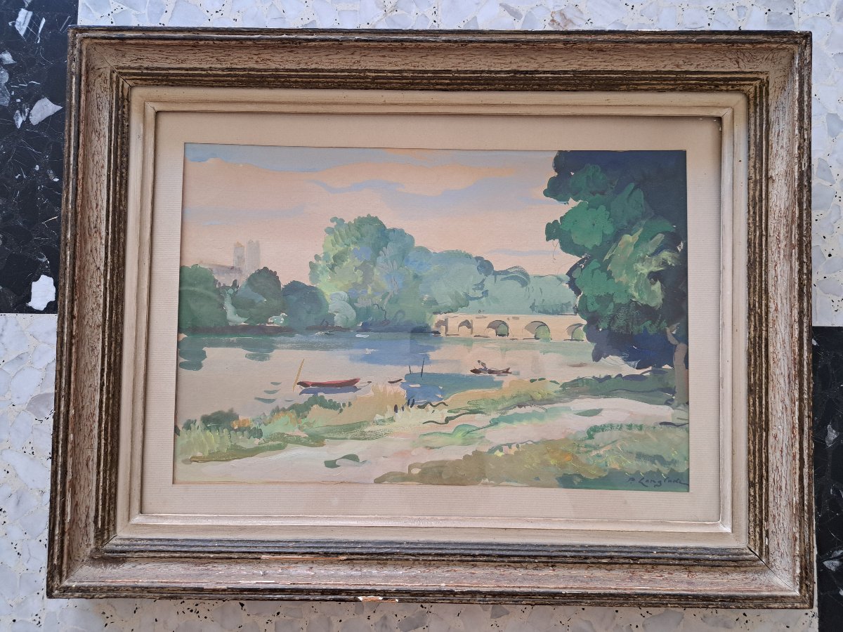 Pierre Langlade , Paysage à la rivière , Gouache sur papier , Début XX°. 