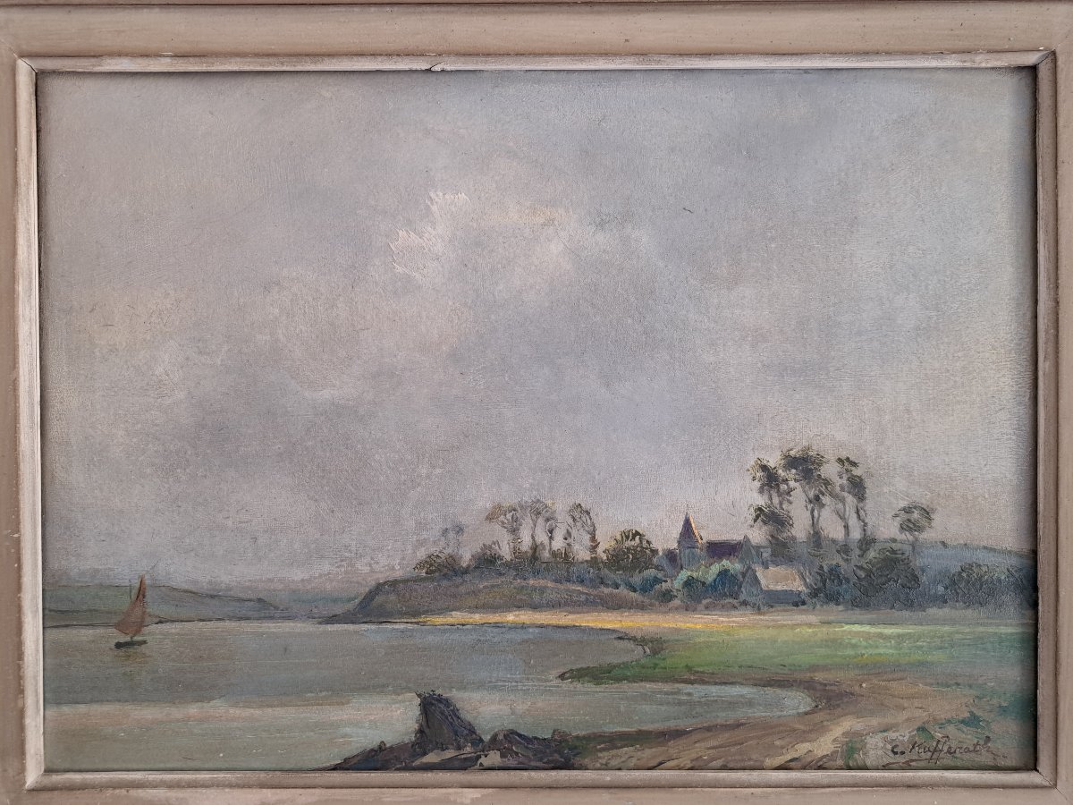 Camille Kufferath , Bord de mer au voilier , Huile sur toile , XX°.-photo-3