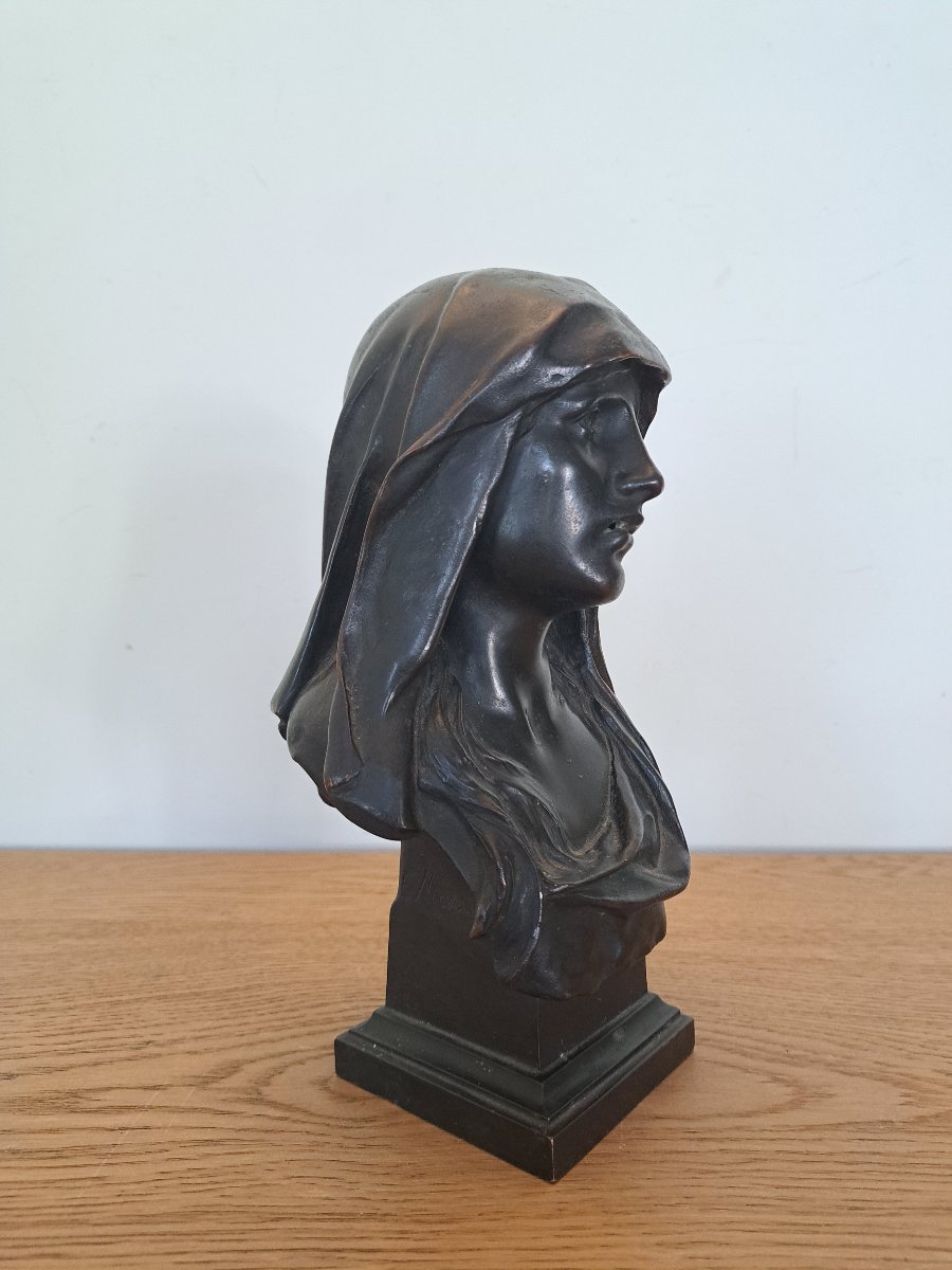 Eugène Marioton , Buste de la Vierge , Mater Dolorosa , Bronze patiné , XIX°. -photo-2