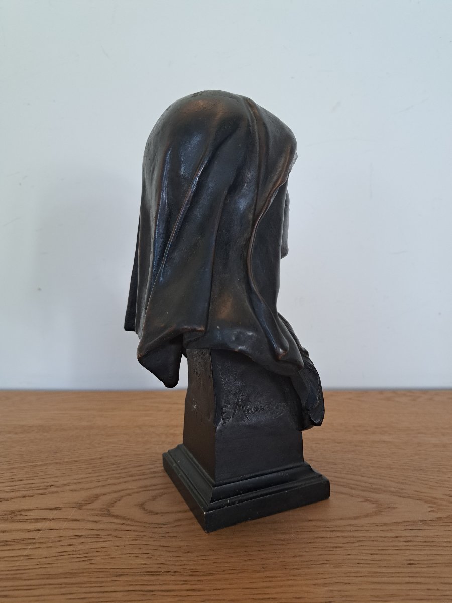 Eugène Marioton , Buste de la Vierge , Mater Dolorosa , Bronze patiné , XIX°. -photo-3