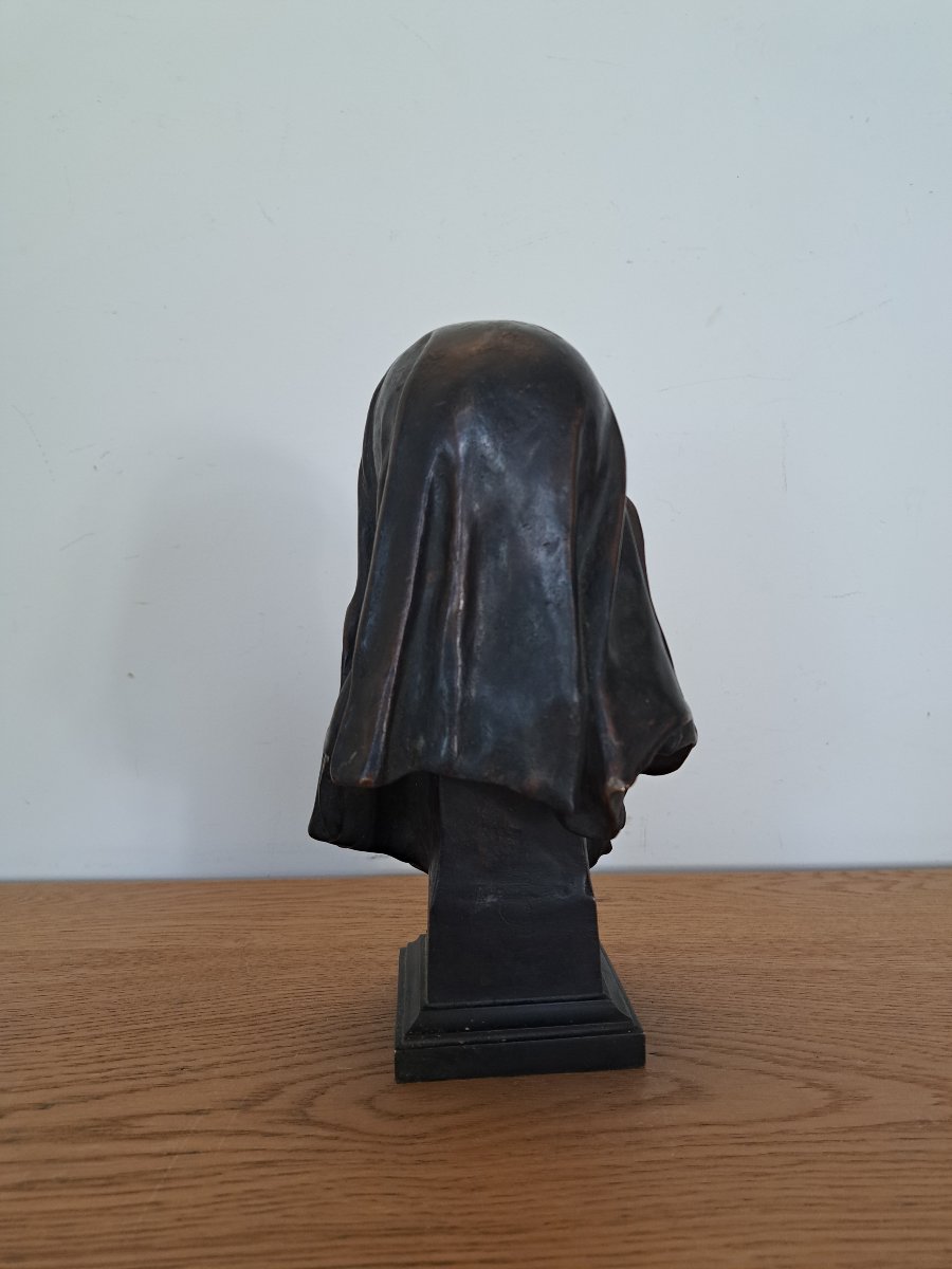 Eugène Marioton , Buste de la Vierge , Mater Dolorosa , Bronze patiné , XIX°. -photo-1