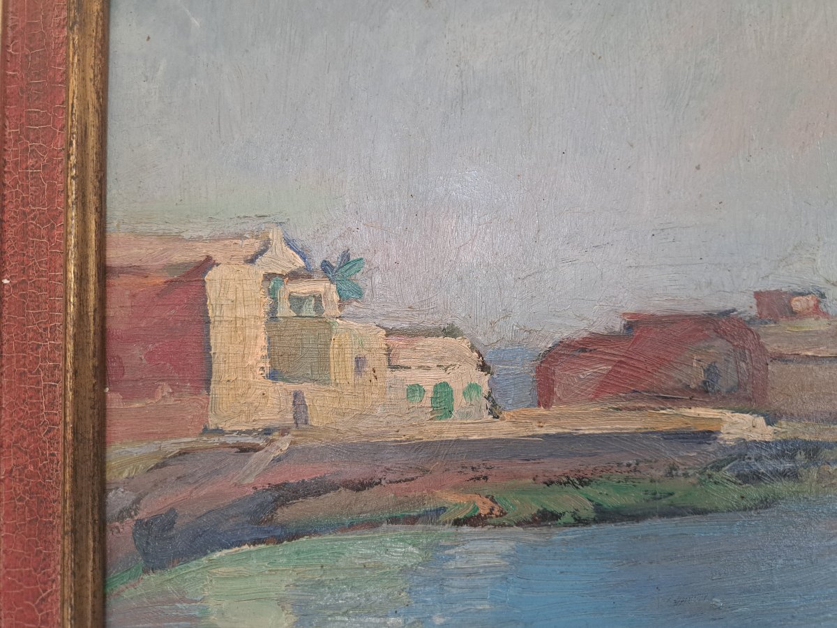 Myrto Debard , Vue de port en Afrique , Huile sur carton , XX°. -photo-2