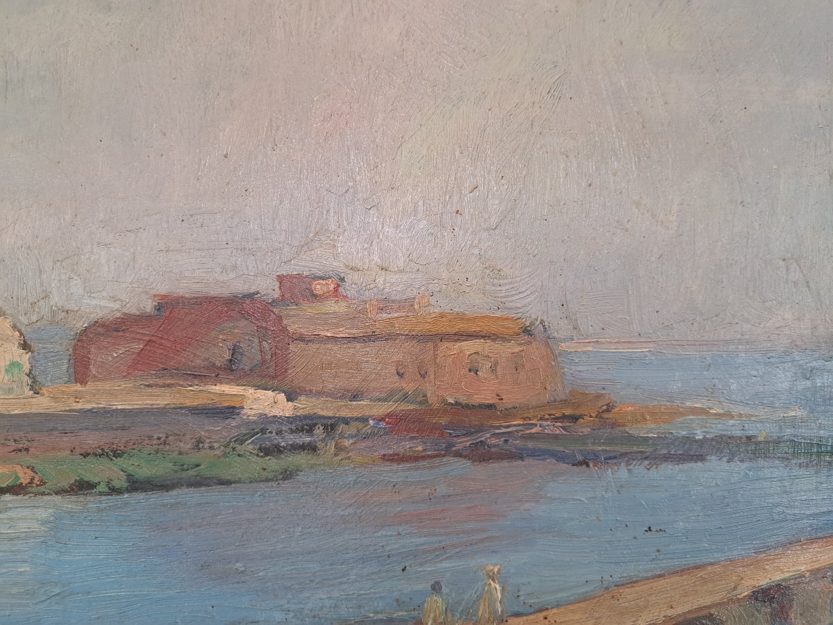Myrto Debard , Vue de port en Afrique , Huile sur carton , XX°. -photo-3