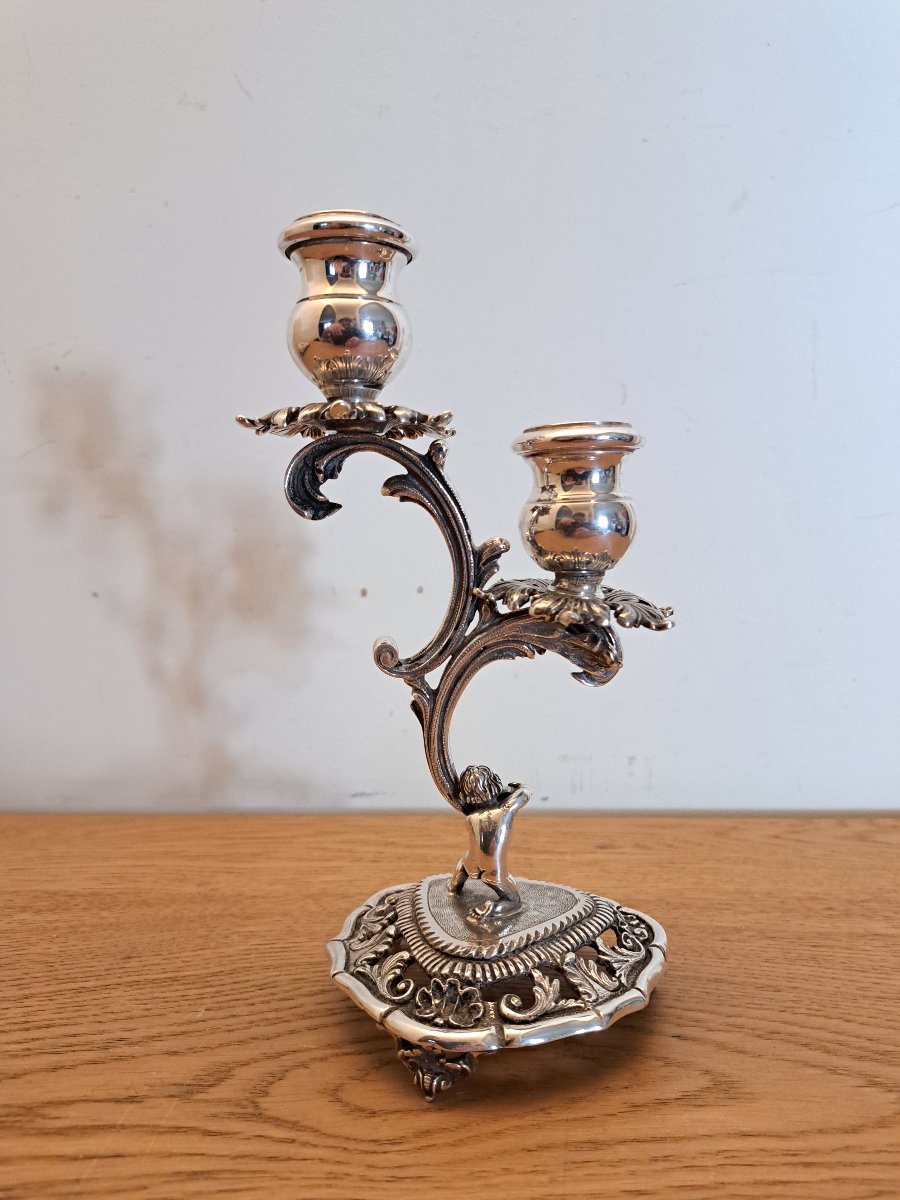 Germany/austria, Putto Candleholder, Rocaille, Solid Silver, 20th Century. -photo-2