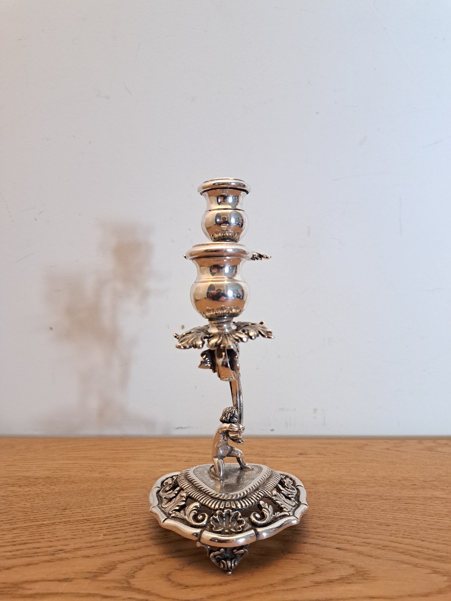 Germany/austria, Putto Candleholder, Rocaille, Solid Silver, 20th Century. -photo-3