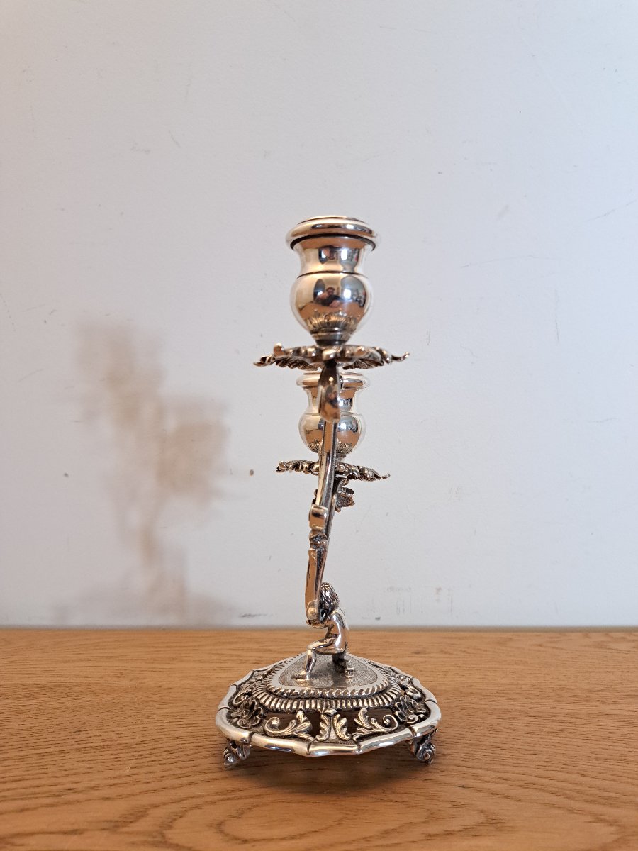 Germany/austria, Putto Candleholder, Rocaille, Solid Silver, 20th Century. -photo-4